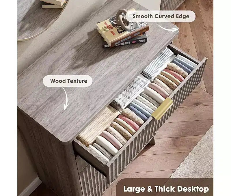 Cassettiera scanalata per camera da letto con 5 cassetti profondi, comò alto 120 cm, design a profilo curvo, cassettiera moderna in legno, per soggiorno