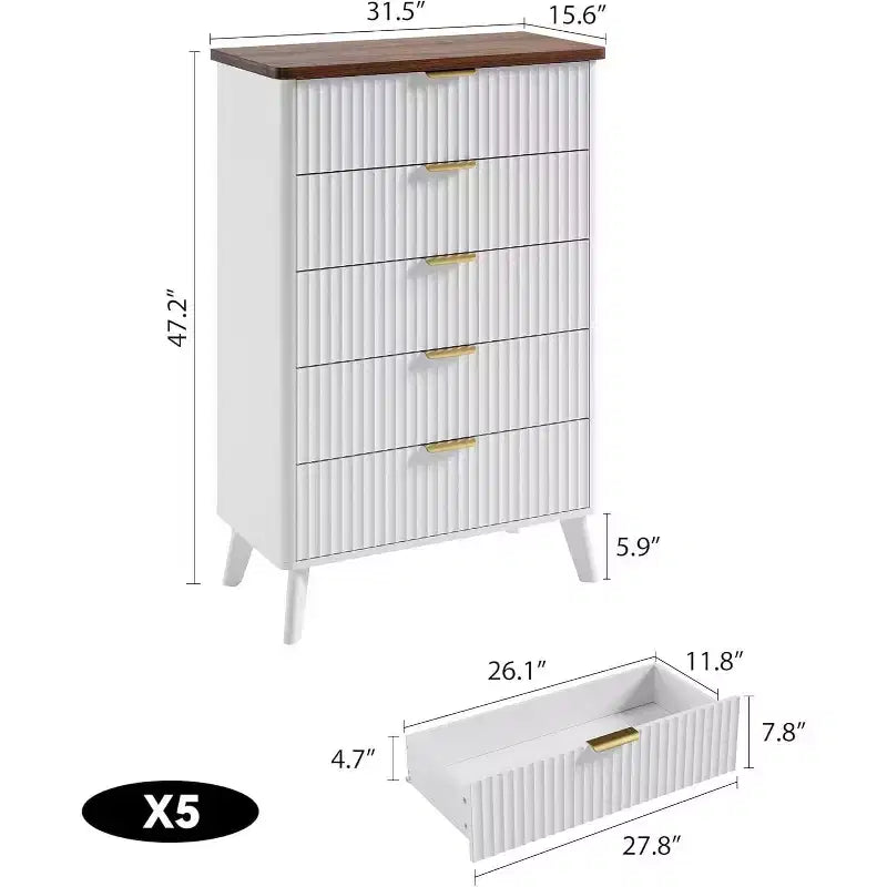 Cassettiera scanalata per camera da letto con 5 cassetti profondi, comò alto 120 cm, design a profilo curvo, cassettiera moderna in legno, per soggiorno