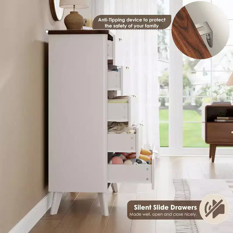 Cassettiera scanalata per camera da letto con 5 cassetti profondi, comò alto 120 cm, design a profilo curvo, cassettiera moderna in legno, per soggiorno