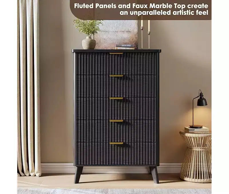 Cassettiera scanalata per camera da letto con 5 cassetti profondi, comò alto 120 cm, design a profilo curvo, cassettiera moderna in legno, per soggiorno