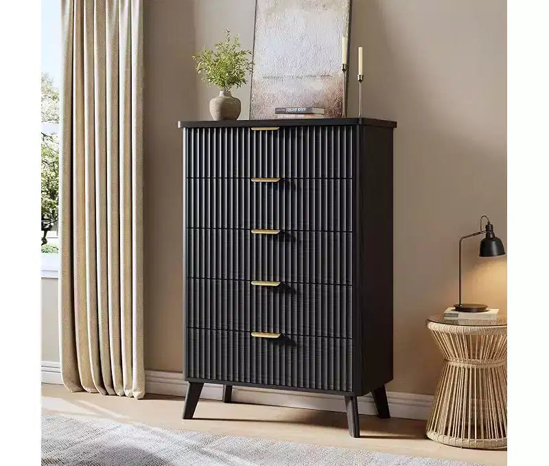 Cassettiera scanalata per camera da letto con 5 cassetti profondi, comò alto 120 cm, design a profilo curvo, cassettiera moderna in legno, per soggiorno