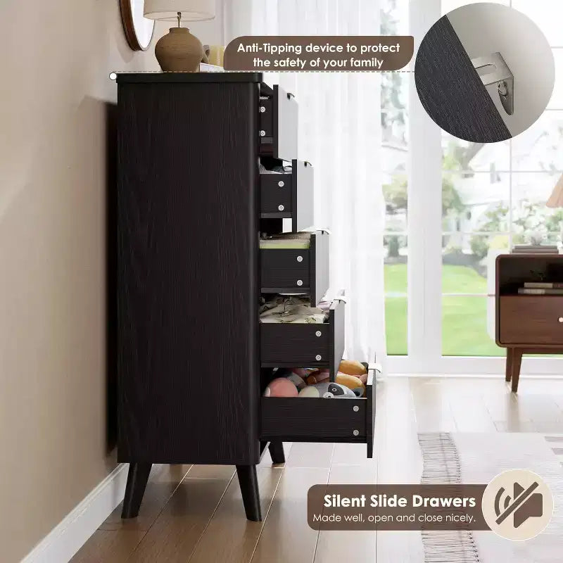 Cassettiera scanalata per camera da letto con 5 cassetti profondi, comò alto 120 cm, design a profilo curvo, cassettiera moderna in legno, per soggiorno