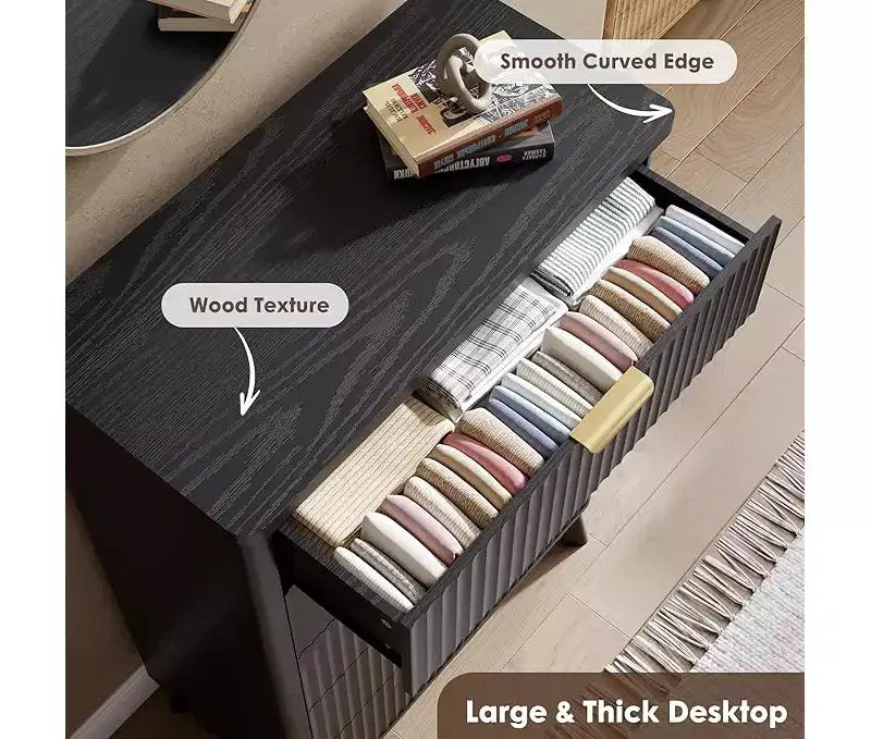 Cassettiera scanalata per camera da letto con 5 cassetti profondi, comò alto 120 cm, design a profilo curvo, cassettiera moderna in legno, per soggiorno