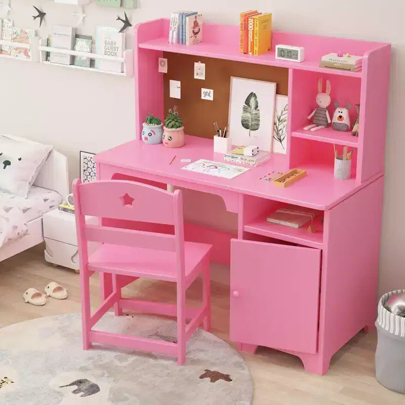Set Scrivania e Sedia per Bambini Moderno con Libreria Superiore, Tavolo da Studio in Legno con Mobiletto per la Cameretta dei Bambini, Rosa