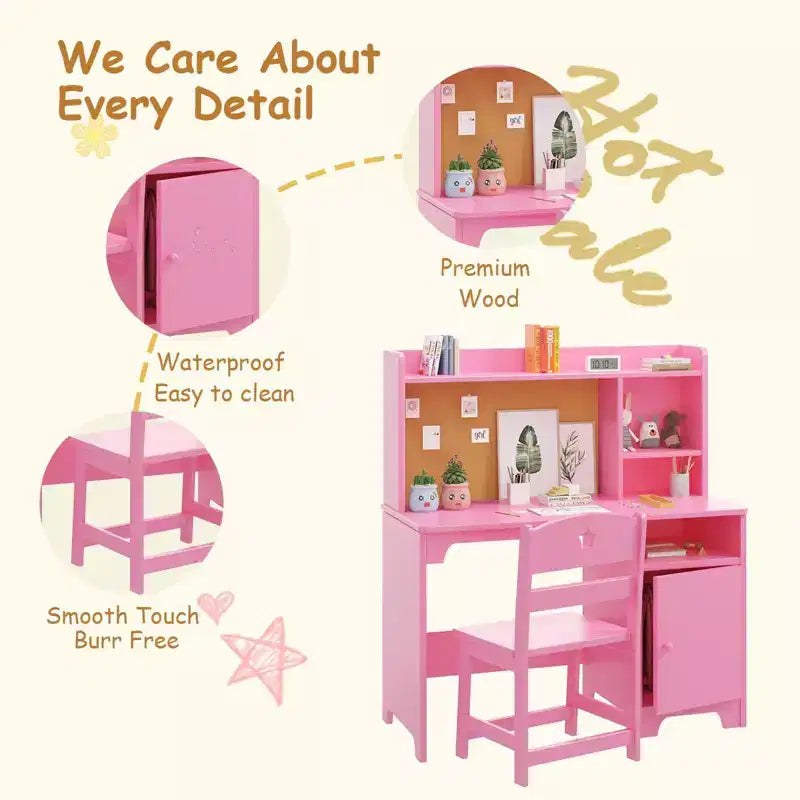 Set Scrivania e Sedia per Bambini Moderno con Libreria Superiore, Tavolo da Studio in Legno con Mobiletto per la Cameretta dei Bambini, Rosa