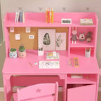 Set Scrivania e Sedia per Bambini Moderno con Libreria Superiore, Tavolo da Studio in Legno con Mobiletto per la Cameretta dei Bambini, Rosa