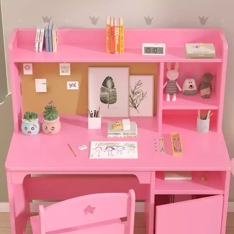 Set Scrivania e Sedia per Bambini Moderno con Libreria Superiore, Tavolo da Studio in Legno con Mobiletto per la Cameretta dei Bambini, Rosa