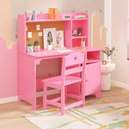 Set Scrivania e Sedia per Bambini Moderno con Libreria Superiore, Tavolo da Studio in Legno con Mobiletto per la Cameretta dei Bambini, Rosa