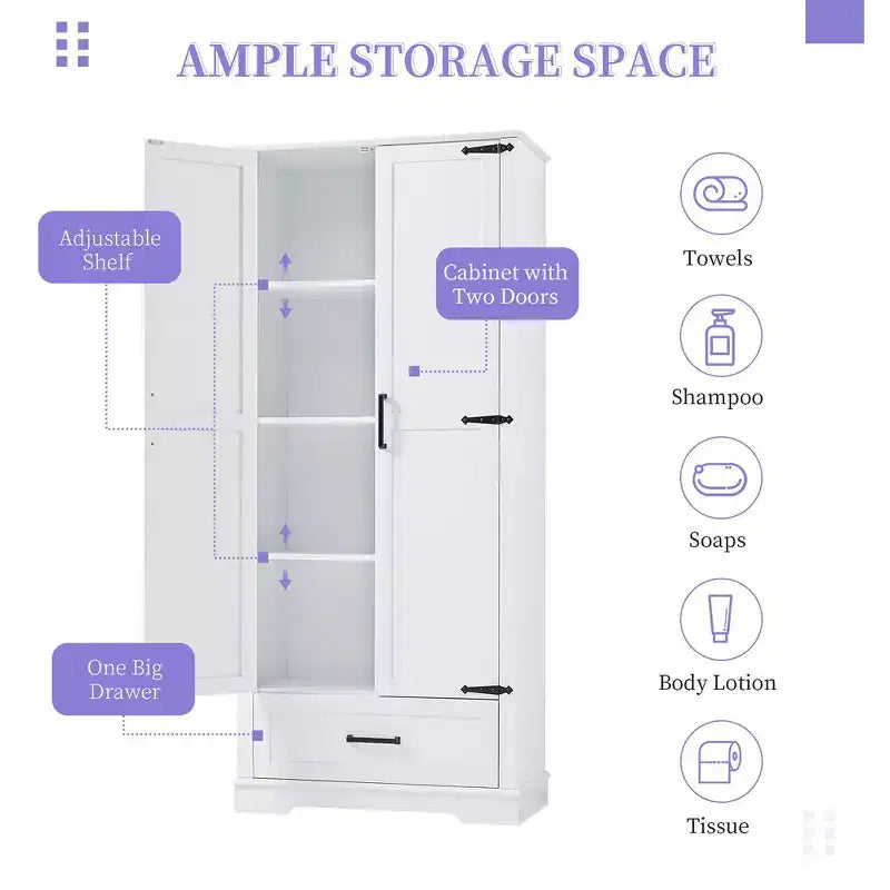 Armadietto Alto da Bagno da 175 cm, Mobile Dispensa Autoportante da Cucina con Ripiani Regolabili, Armadietto Bagno Accento per Soggiorno Lavanderia
