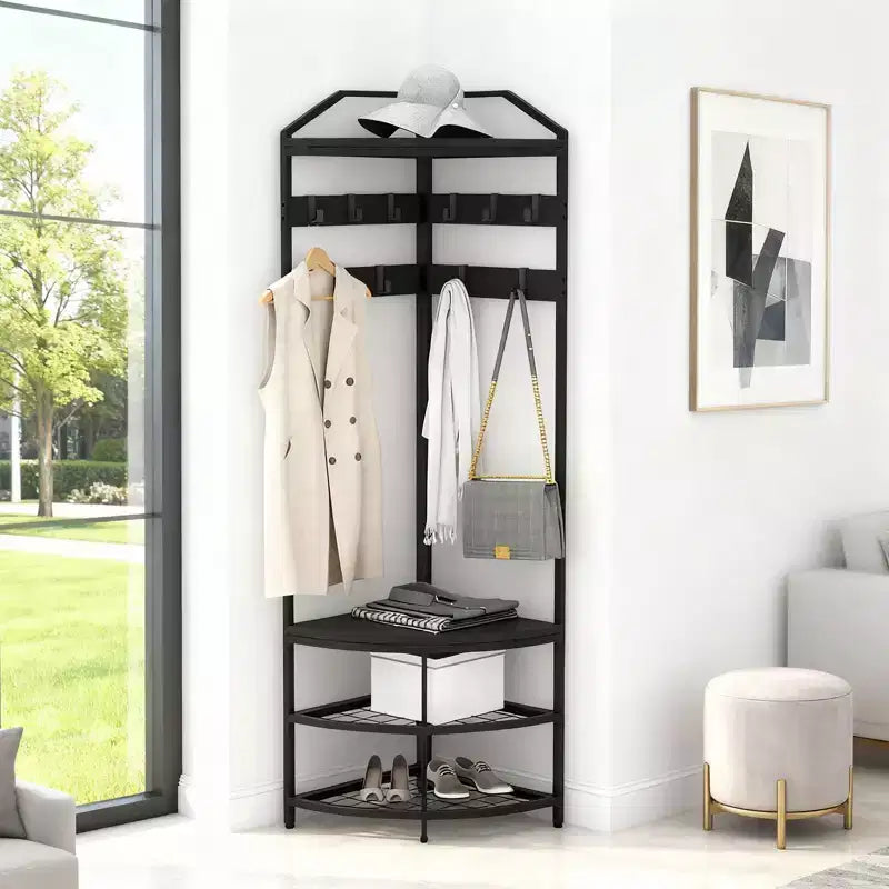 Corner Coat Rack with Storage, Hall Tree with Mesh Shelves, Farmhouse Floorstanding Clothes Rack Shoes Shelf Organizer for Entryway Bedroom