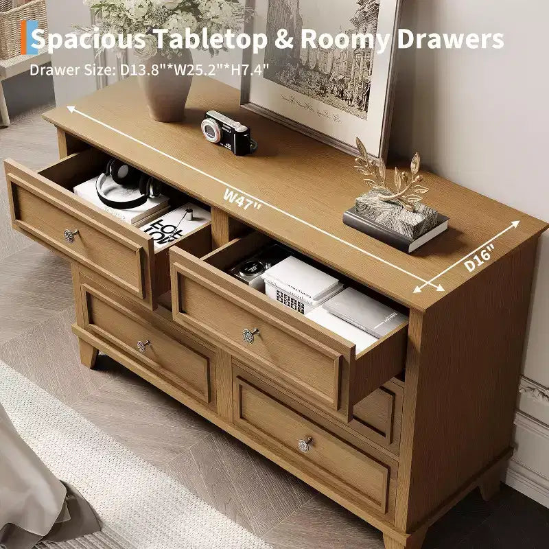 Comò Acekool a 6 cassetti, comò doppio largo e mobile TV in stile rustico con maniglie vintage, mobiletto portaoggetti in legno per camera da letto, soggiorno