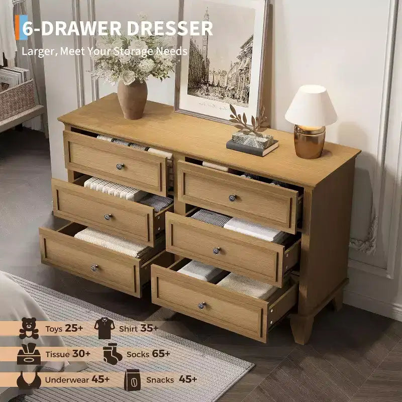 Comò Acekool a 6 cassetti, comò doppio largo e mobile TV in stile rustico con maniglie vintage, mobiletto portaoggetti in legno per camera da letto, soggiorno