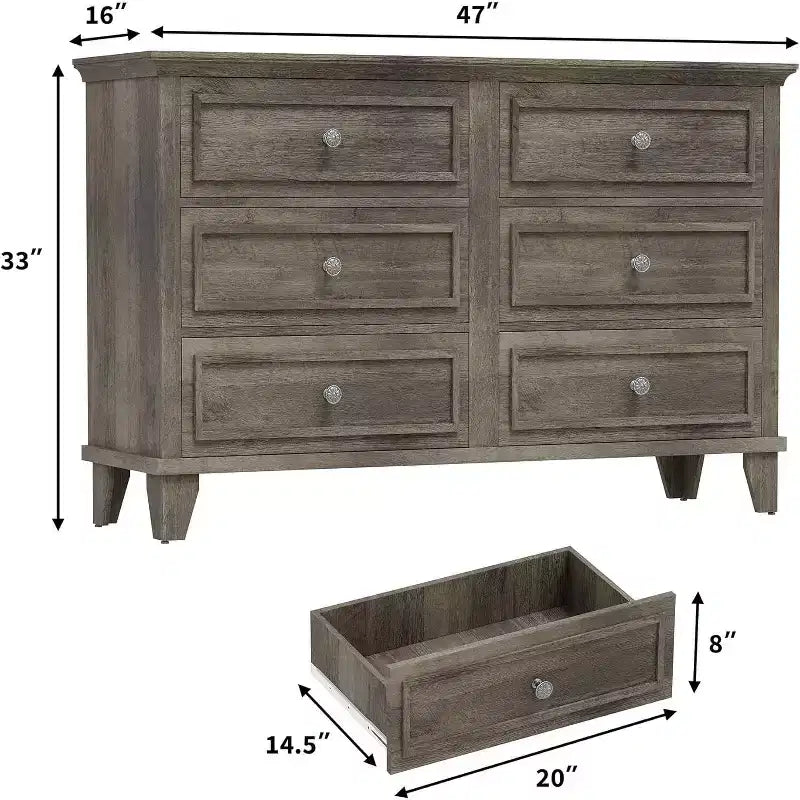 Comò Acekool a 6 cassetti, comò doppio largo e mobile TV in stile rustico con maniglie vintage, mobiletto portaoggetti in legno per camera da letto, soggiorno