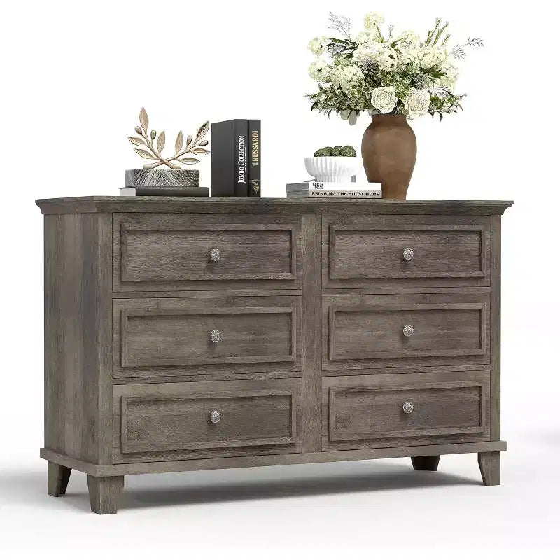 Comò Acekool a 6 cassetti, comò doppio largo e mobile TV in stile rustico con maniglie vintage, mobiletto portaoggetti in legno per camera da letto, soggiorno