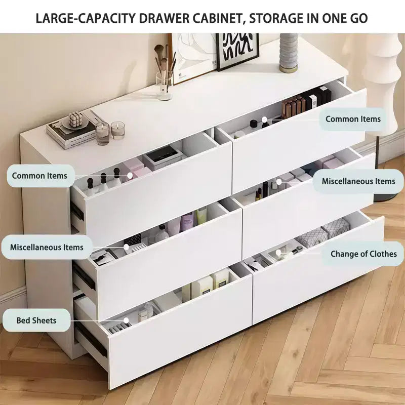 Cassettiera bianca JVNOXK6, Comò moderno per camera da letto con piano spazioso, Armadietto in legno con maniglie a scomparsa