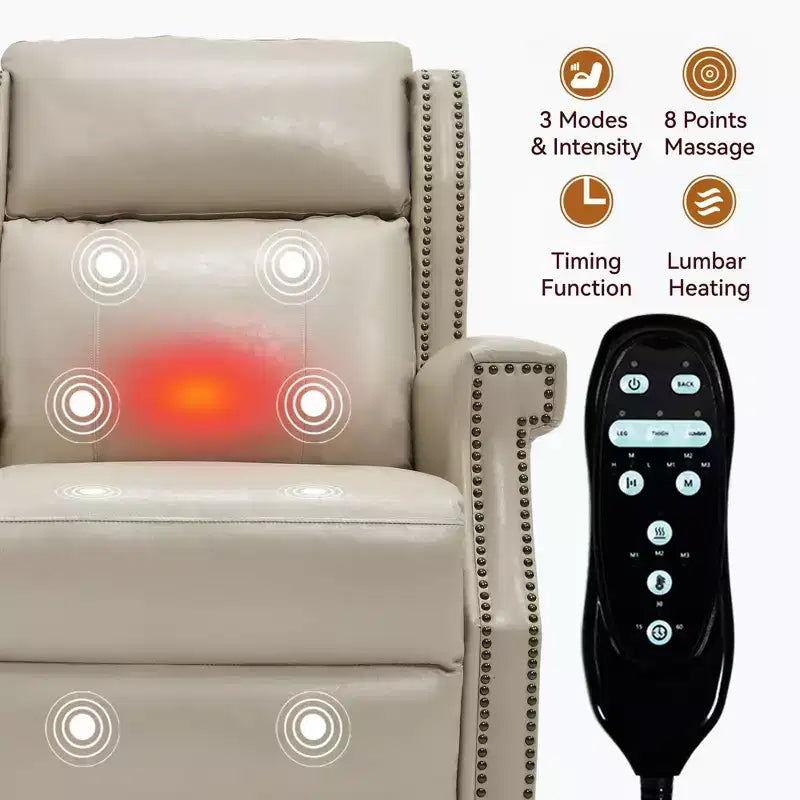 Poltrona reclinabile manuale beige in similpelle per soggiorno con meccanismo di movimento per impieghi gravosi 8 nodi vibranti e 3 modalità di massaggio