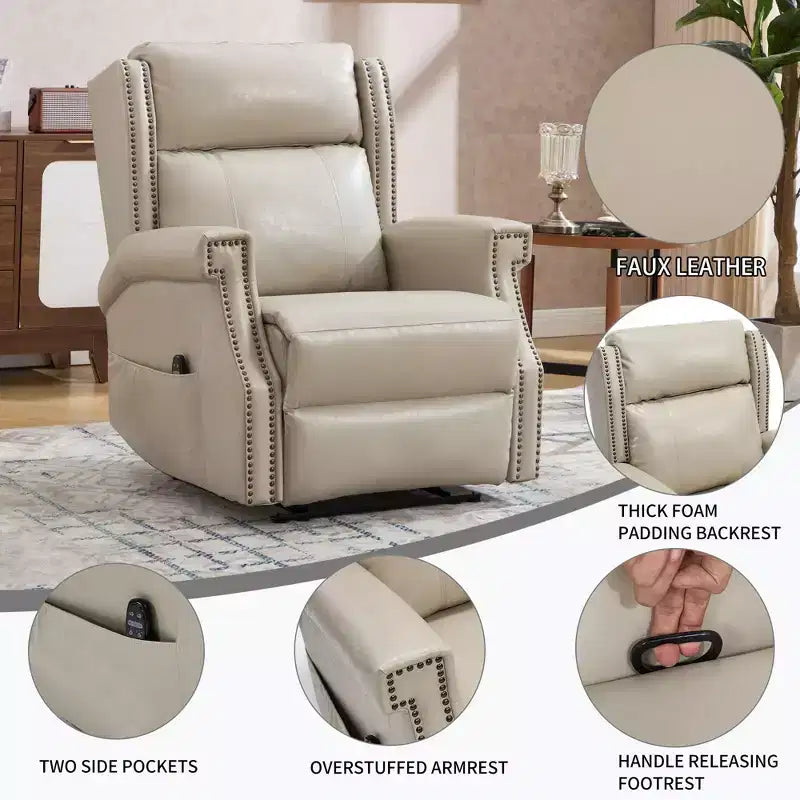 Poltrona reclinabile manuale beige in similpelle per soggiorno con meccanismo di movimento per impieghi gravosi 8 nodi vibranti e 3 modalità di massaggio