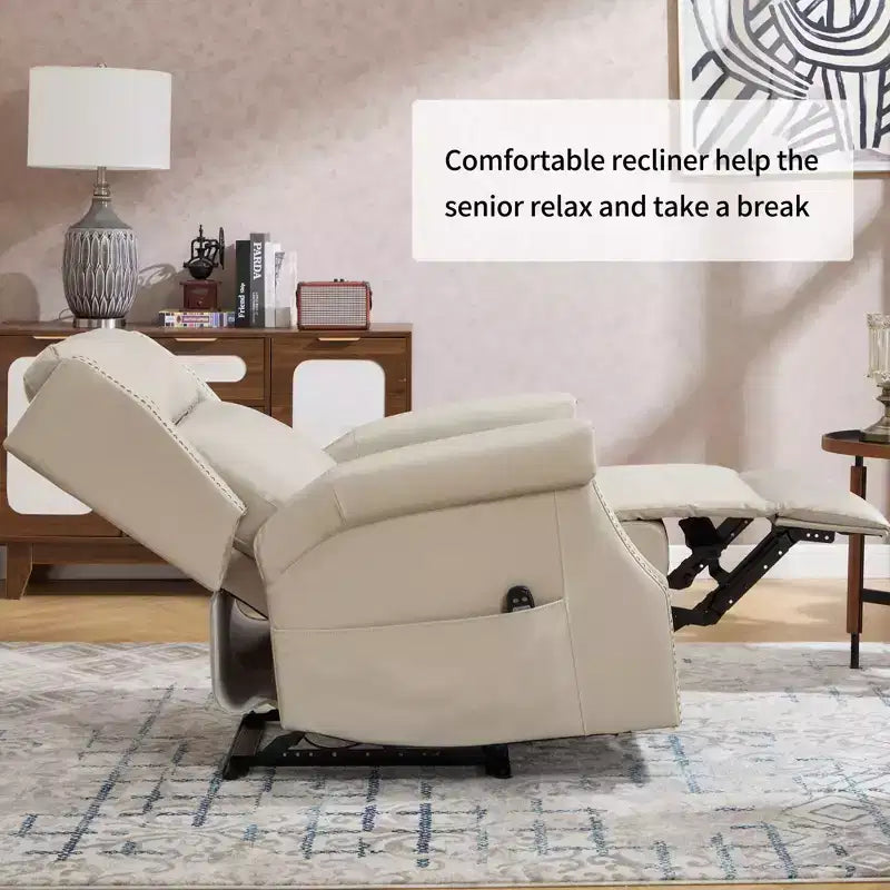 Poltrona reclinabile manuale beige in similpelle per soggiorno con meccanismo di movimento per impieghi gravosi 8 nodi vibranti e 3 modalità di massaggio