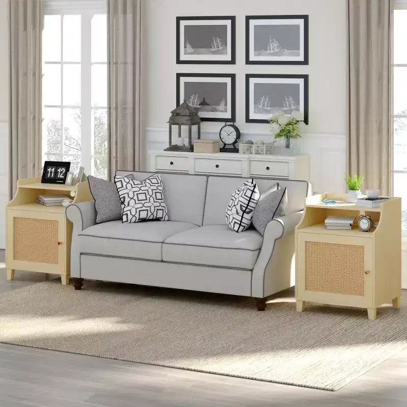 Zeus & Ruta Farmhouse Nightstand Set of 2 with Charging Station, Rattan Door & Adjustable Shelf for Bedroom, Natural Oak