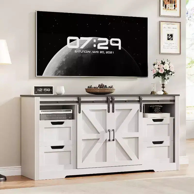 Mobile TV Rustico per Televisori Fino a 70 Pollici, Mobile Porta TV con Ripiano Regolabile e Ante Scorrevoli a Stile Fienile