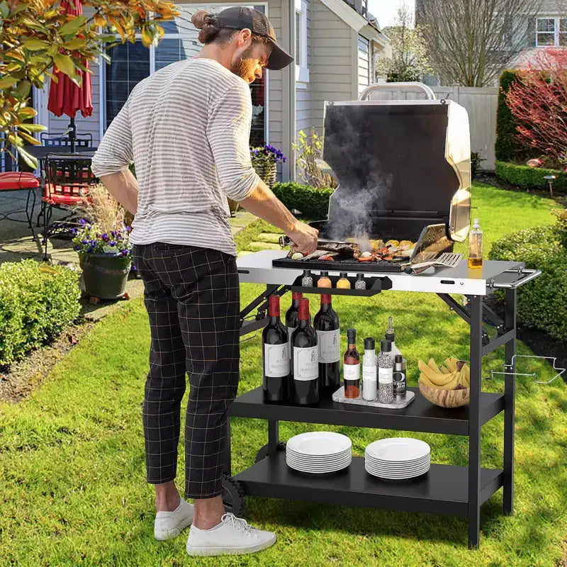 Carrello da cucina per esterni Costway, carrello di servizio mobile a 3 livelli con ripiano regolabile, supporto per telefono, portaspezie, portasciugamani, carrello per garage