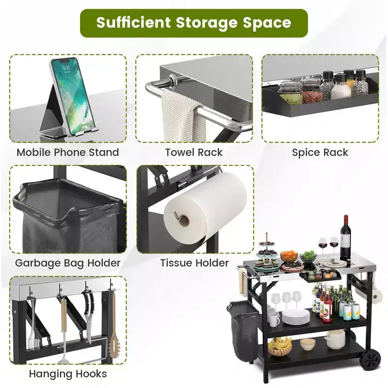 Carrello da cucina per esterni Costway, carrello di servizio mobile a 3 livelli con ripiano regolabile, supporto per telefono, portaspezie, portasciugamani, carrello per garage
