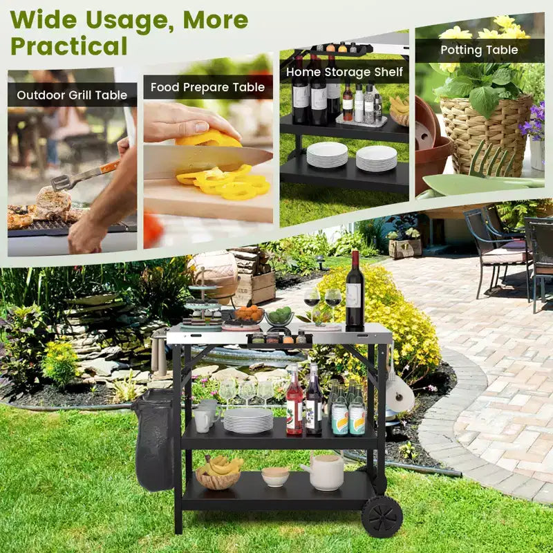 Carrello da cucina per esterni Costway, carrello di servizio mobile a 3 livelli con ripiano regolabile, supporto per telefono, portaspezie, portasciugamani, carrello per garage