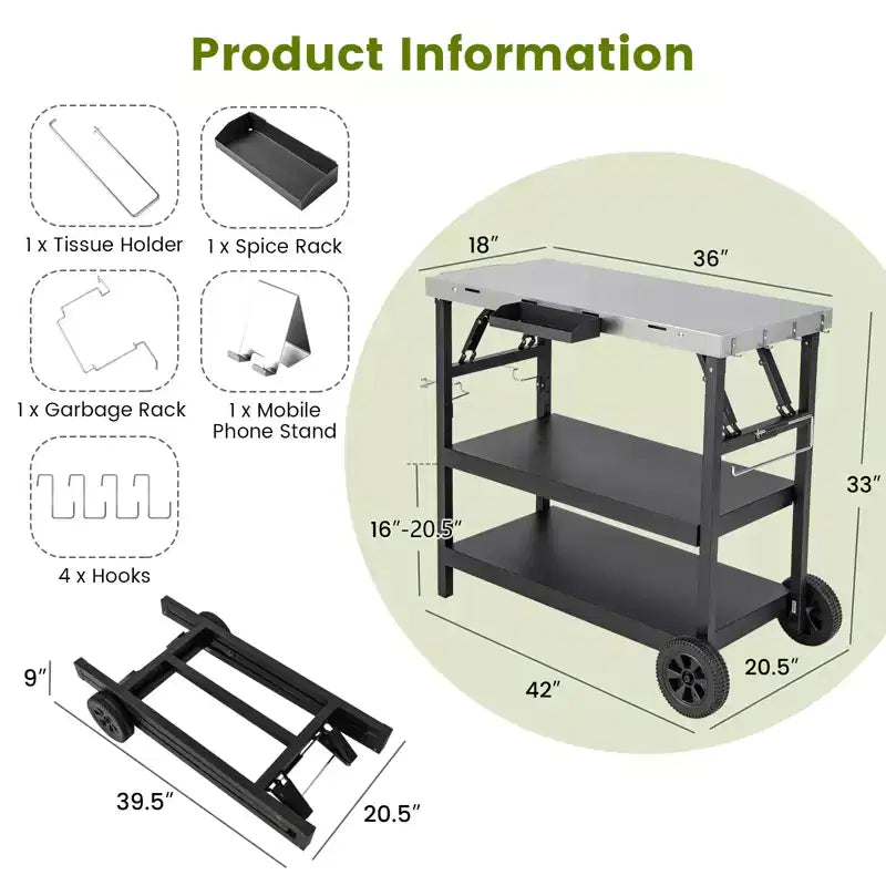 Carrello da cucina per esterni Costway, carrello di servizio mobile a 3 livelli con ripiano regolabile, supporto per telefono, portaspezie, portasciugamani, carrello per garage