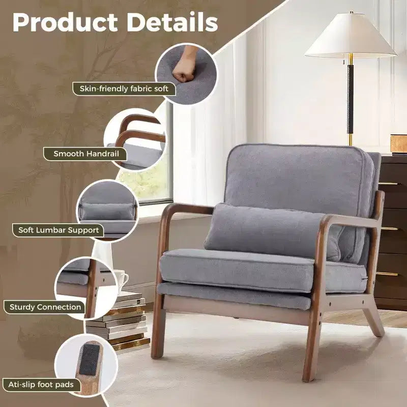TUYOHW Poltrona Accent Moderna di Metà Secolo con Braccioli e Cuscino Lombare, Poltrona Lounge con Struttura in Legno di Caucciù e Schiuma ad Alta Resilienza per Soggiorno
