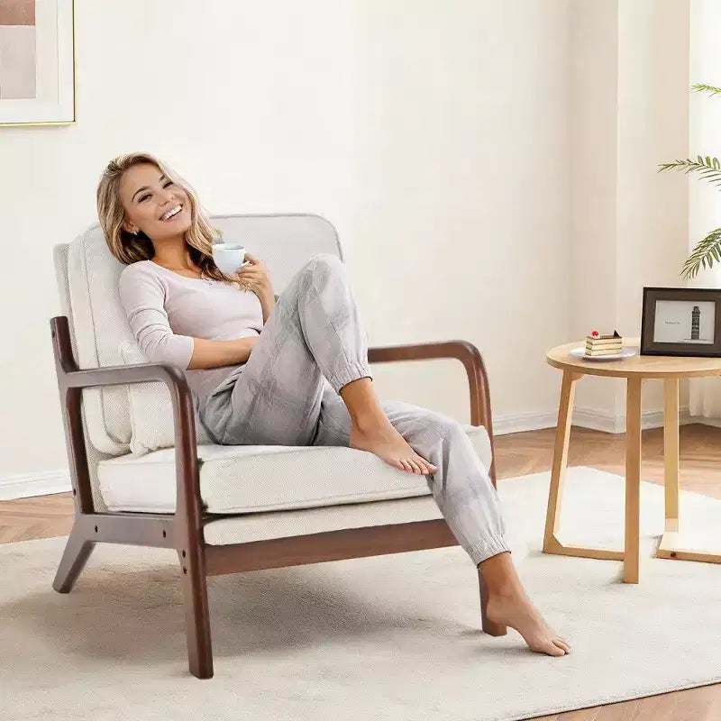 TUYOHW Poltrona Accent Moderna di Metà Secolo con Braccioli e Cuscino Lombare, Poltrona Lounge con Struttura in Legno di Caucciù e Schiuma ad Alta Resilienza per Soggiorno