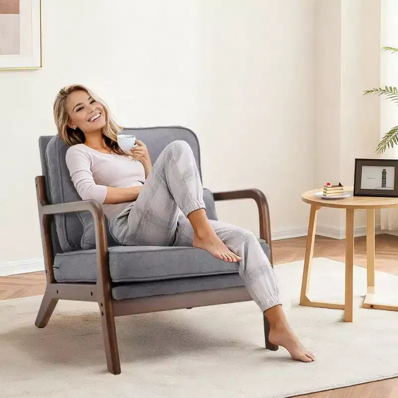 TUYOHW Poltrona Accent Moderna di Metà Secolo con Braccioli e Cuscino Lombare, Poltrona Lounge con Struttura in Legno di Caucciù e Schiuma ad Alta Resilienza per Soggiorno