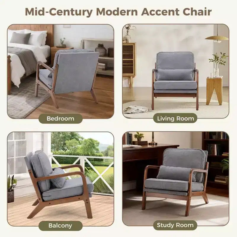 TUYOHW Poltrona Accent Moderna di Metà Secolo con Braccioli e Cuscino Lombare, Poltrona Lounge con Struttura in Legno di Caucciù e Schiuma ad Alta Resilienza per Soggiorno