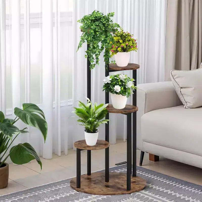 MAYEERTY 4-Tier Rotating Corner Plant Stand, Industrial Staggered Flower Display Rack for Indoor