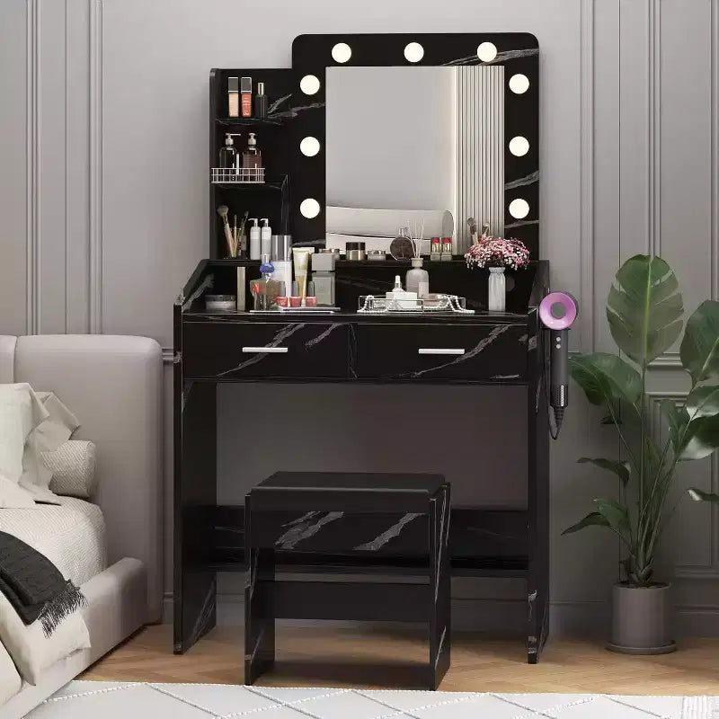 Acekool Tavolo da trucco con specchio, lampadine, sedia, cassetti e prese di corrente per camera da letto o salone