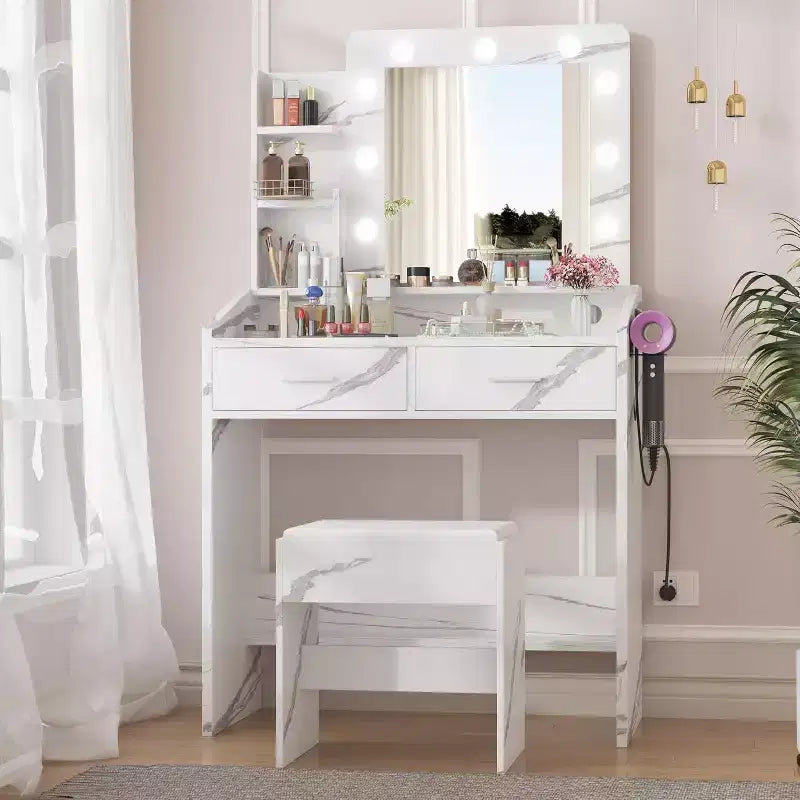 Acekool Tavolo da trucco con specchio, lampadine, sedia, cassetti e prese di corrente per camera da letto o salone