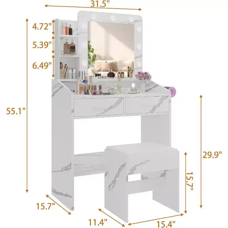 Acekool Tavolo da trucco con specchio, lampadine, sedia, cassetti e prese di corrente per camera da letto o salone