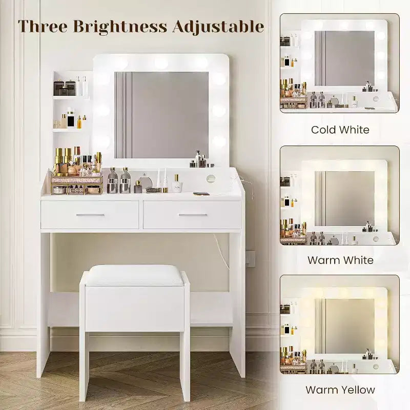 Acekool Tavolo da trucco con specchio, lampadine, sedia, cassetti e prese di corrente per camera da letto o salone