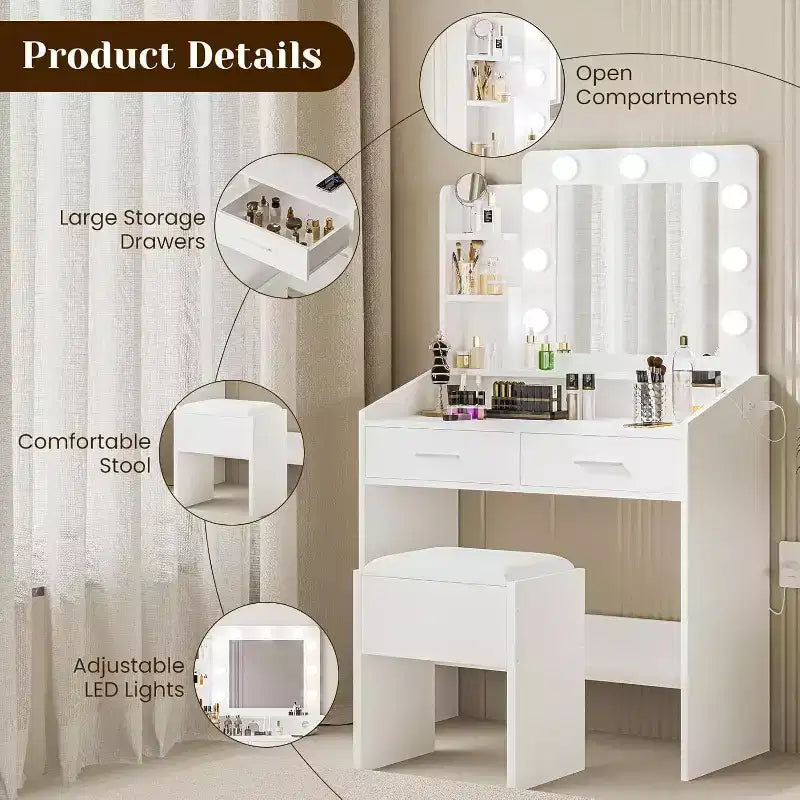 Acekool Tavolo da trucco con specchio, lampadine, sedia, cassetti e prese di corrente per camera da letto o salone