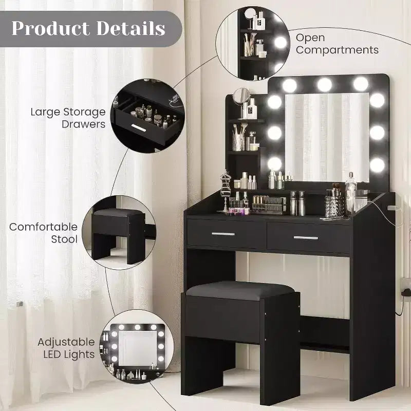 Acekool Tavolo da trucco con specchio, lampadine, sedia, cassetti e prese di corrente per camera da letto o salone