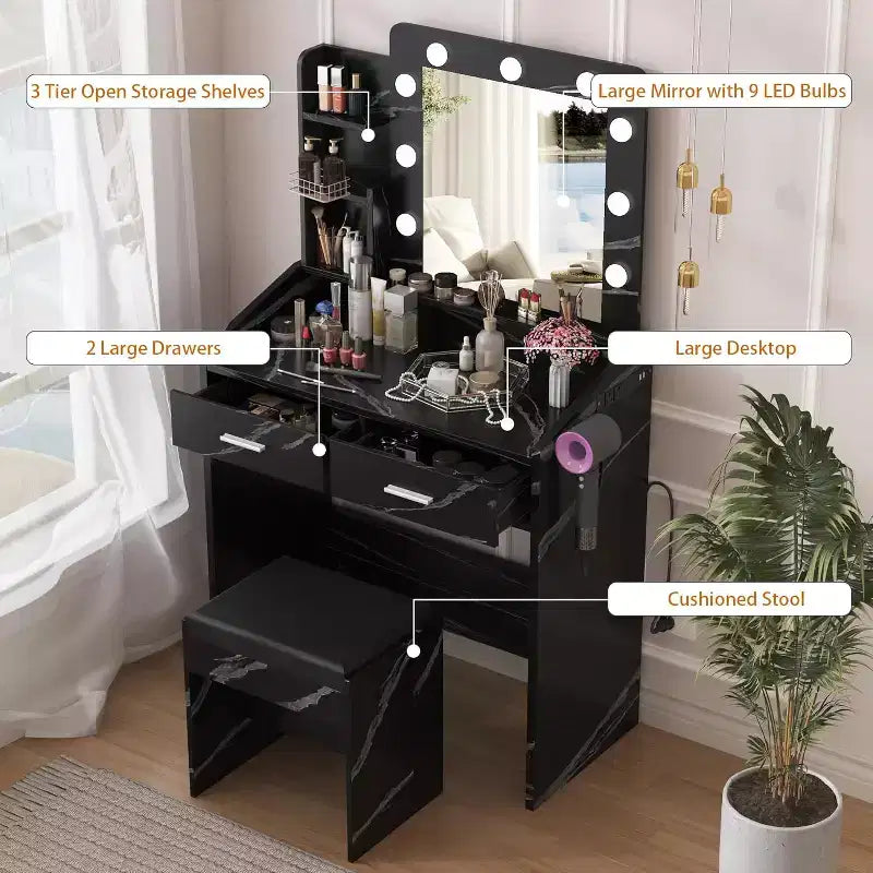 Acekool Tavolo da trucco con specchio, lampadine, sedia, cassetti e prese di corrente per camera da letto o salone