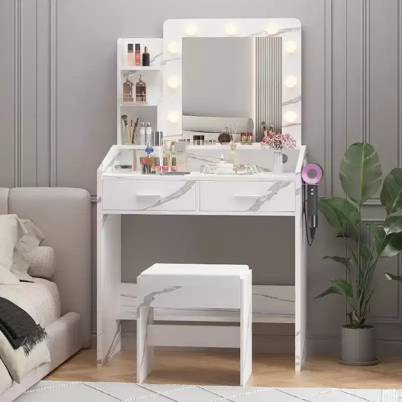 Acekool Tavolo da trucco con specchio, lampadine, sedia, cassetti e prese di corrente per camera da letto o salone
