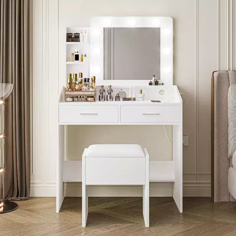 Acekool Tavolo da trucco con specchio, lampadine, sedia, cassetti e prese di corrente per camera da letto o salone