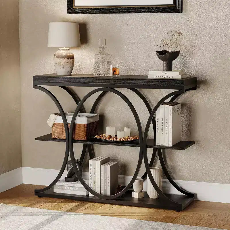 Consolle stretta industriale da 39 pollici, tavolo da divano a 3 ripiani con base rotonda in metallo per ingresso, corridoio, soggiorno
