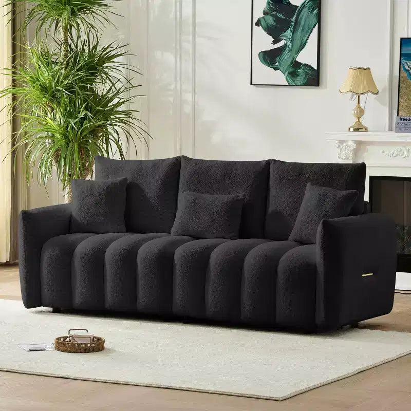 MAYEERTY Divano Premium in Tessuto Teddy da 198 cm con 3 Cuscini e 3 Schienali, Struttura in Legno Massello, Divano a 3 Posti con Poltrona Imbottita Sovradimensionata
