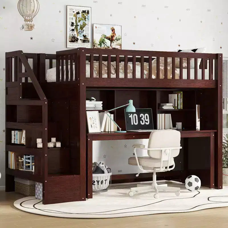 Twin/Full Size Loft Bed with Movable Desk, Storage Stairs & Shelves - ModernLuxe