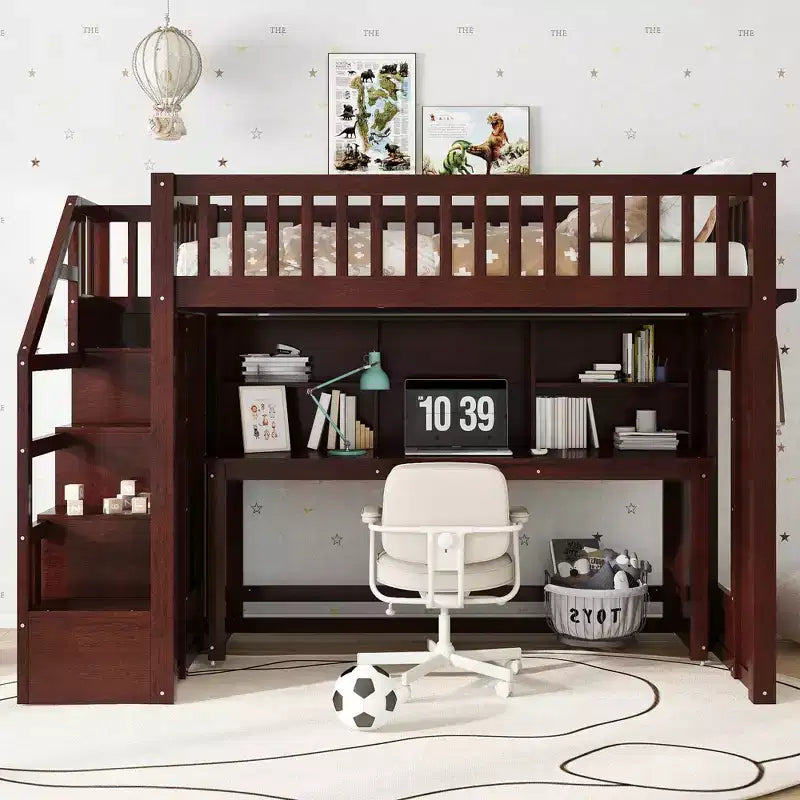 Letto a soppalco matrimoniale/full size con scrivania mobile, scale contenitore e scaffali - ModernLuxe