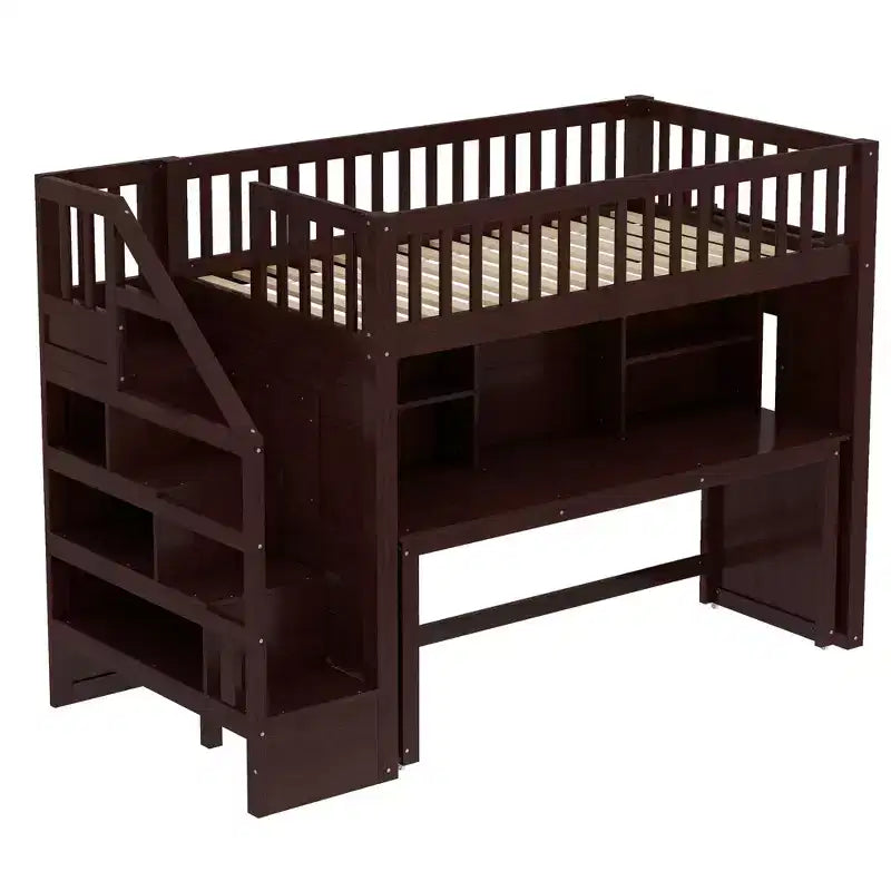 Letto a soppalco matrimoniale/full size con scrivania mobile, scale contenitore e scaffali - ModernLuxe
