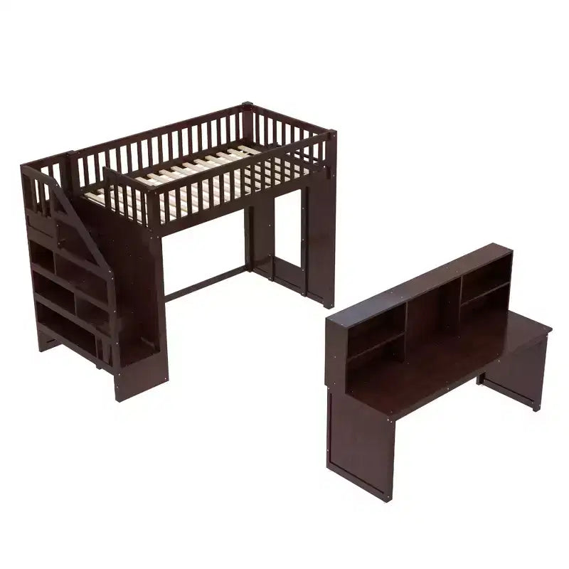 Letto a soppalco matrimoniale/full size con scrivania mobile, scale contenitore e scaffali - ModernLuxe