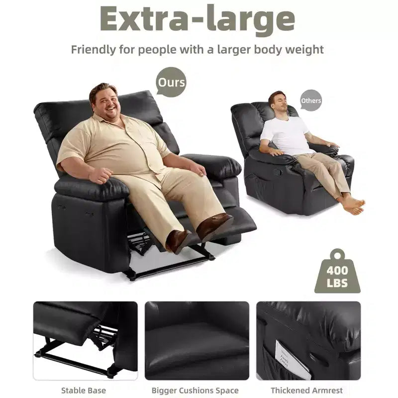 Poltrona reclinabile oversize - Poltrona reclinabile manuale in pelle PU per adulti, comoda poltrona reclinabile con braccioli e schienale imbottiti, tasca laterale, divano singolo