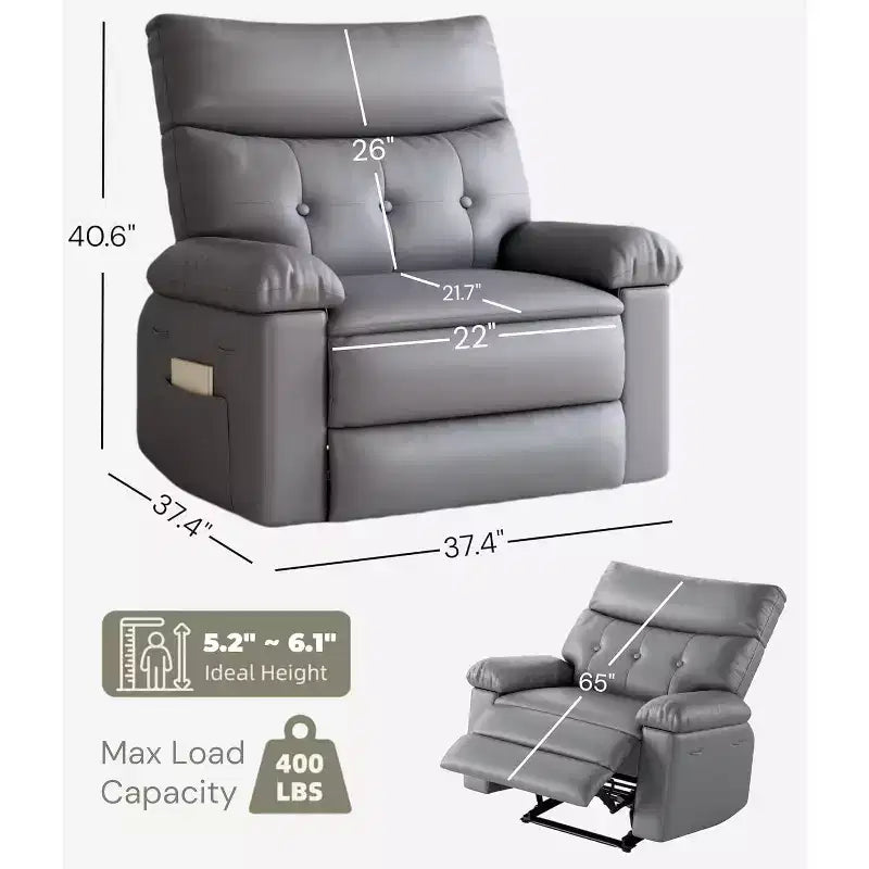 Poltrona reclinabile oversize - Poltrona reclinabile manuale in pelle PU per adulti, comoda poltrona reclinabile con braccioli e schienale imbottiti, tasca laterale, divano singolo
